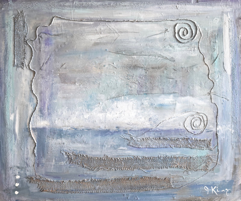 Jenny King mixed media fine art contemporary, calm blue ocean scape ,grey gray 